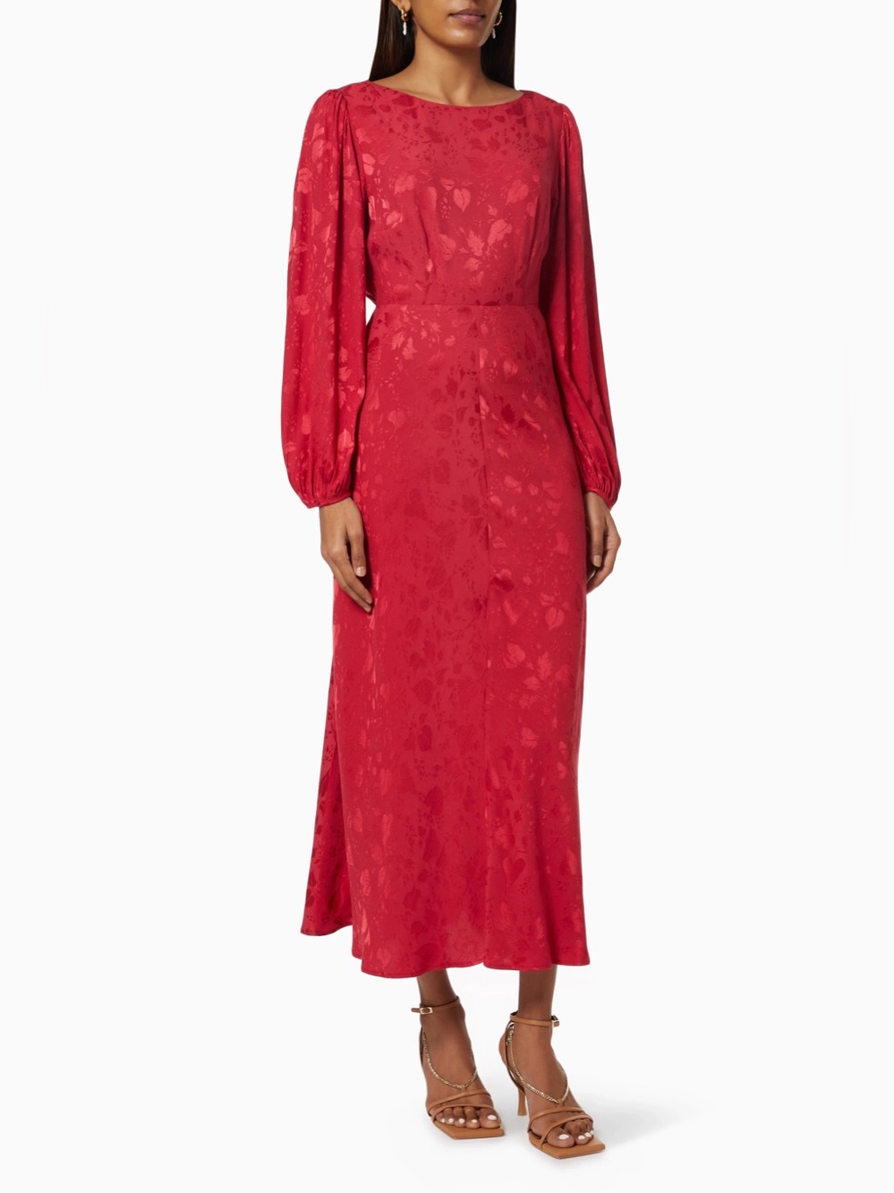 RIXO Savannah Jacquard Heart Print Midi Dress in Crimson Red
